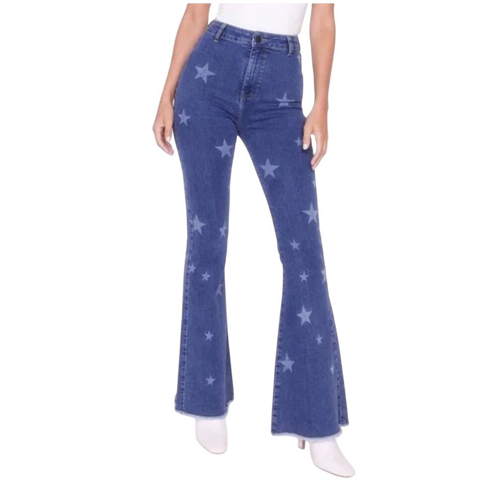 Nasty Gal Star Print Flare Jeans Women’s US 12 USA Y2K Americana Western 29x32 - Picture 12 of 16